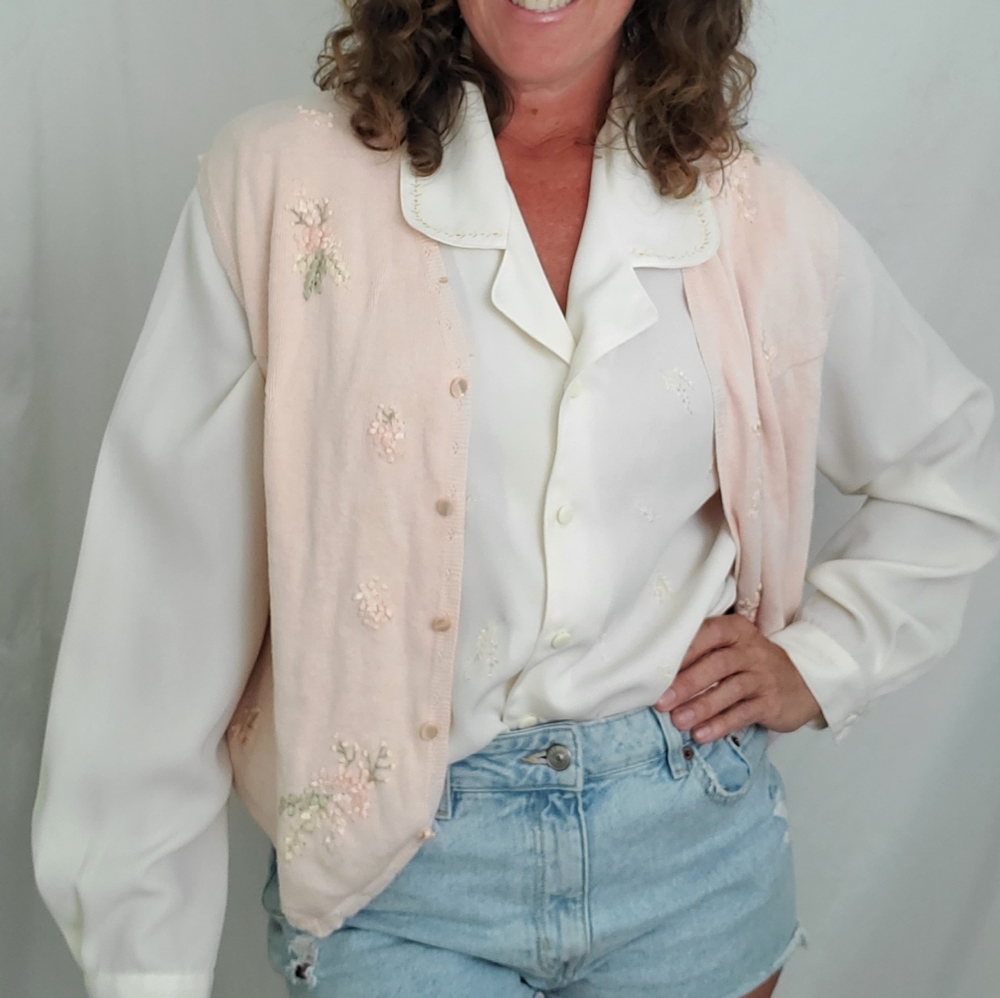 Vintage 80s 1980s embroidered blouse and vest set